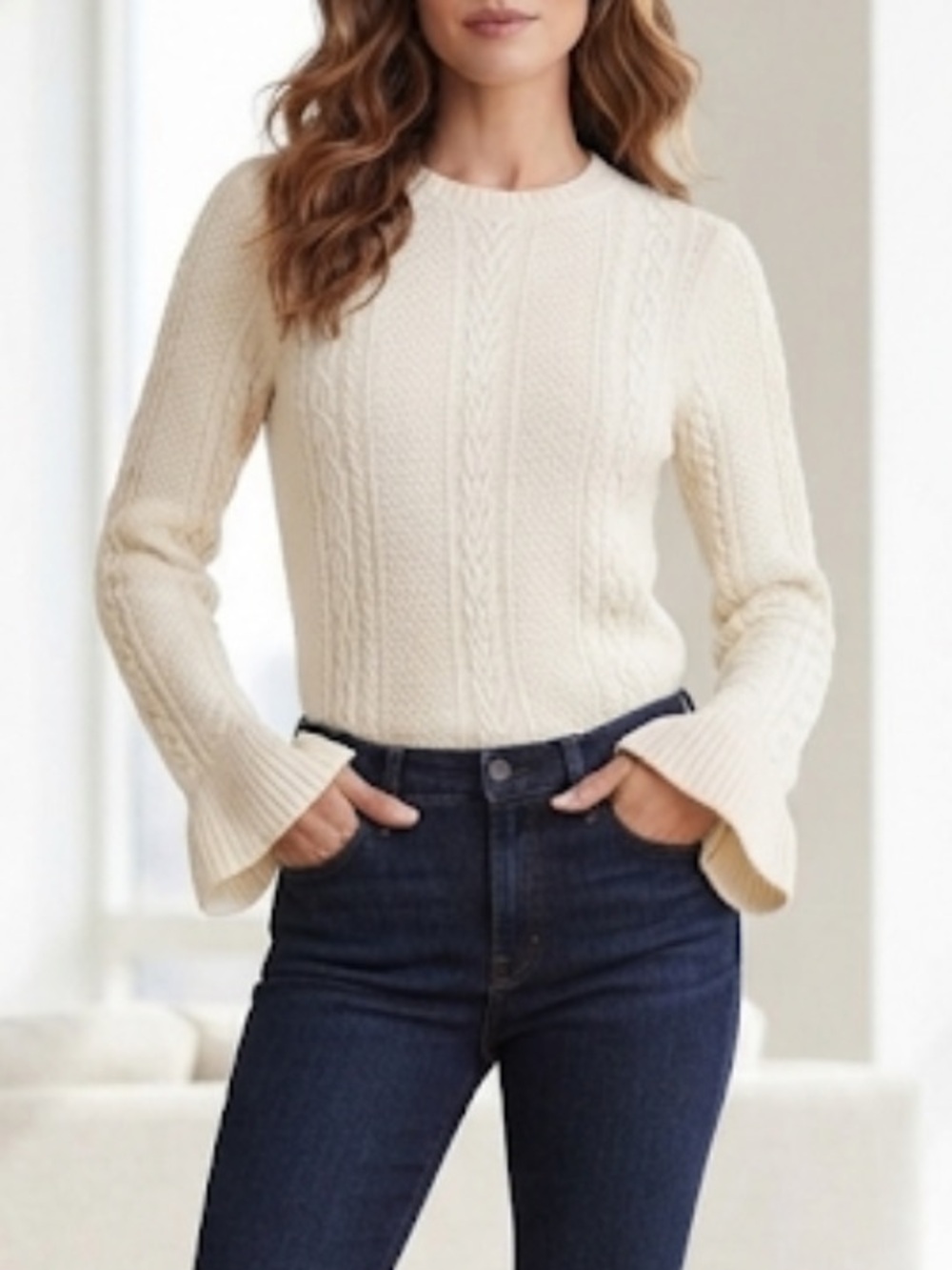 J. CREW Ivory Wool Blend Cableknit Fisherman’s Sweater Bell Sleeves Large